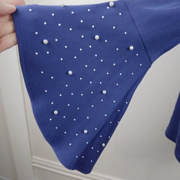 Quacker Factory | Cotton Knit  Bell Sleeve Pearl Trim Pull On Top Blue | Size L - Picture 6 of 9